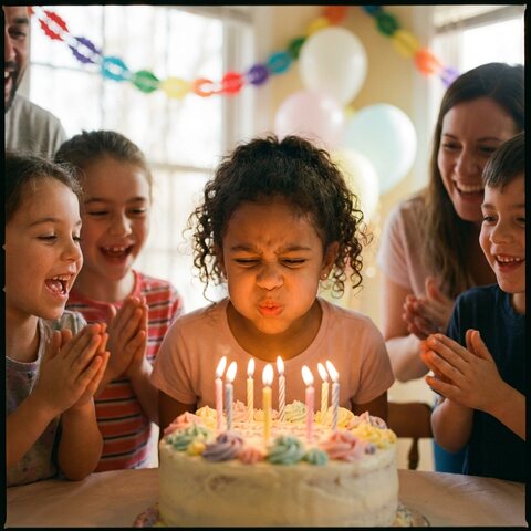 Noor making a wish over her eight candles