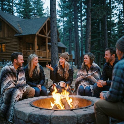 Colleagues laughing around a fire pit at the team offsite