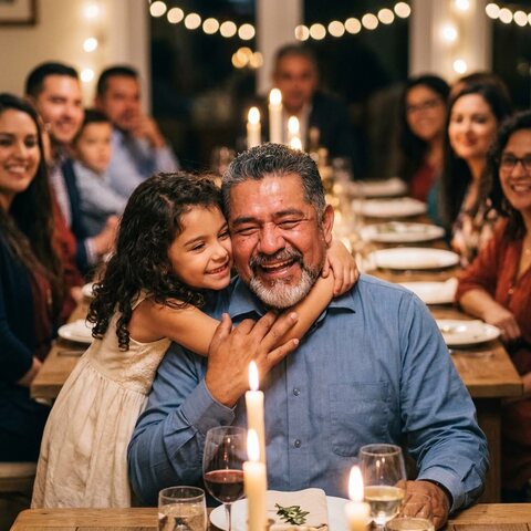 Papá laughing as his granddaughter hugs him at his sixtieth birthday dinner