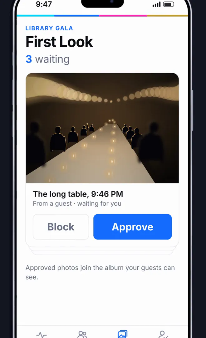 First Look on the host’s phone: a guest photo waiting, with Block and Approve.