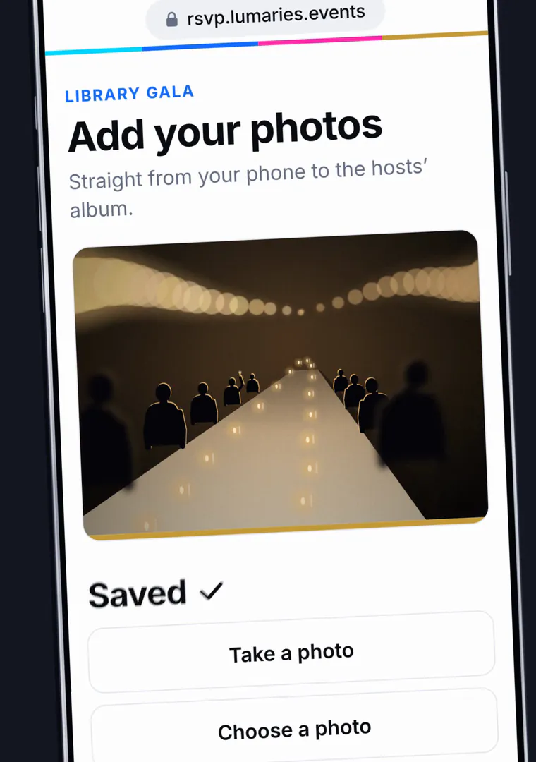 A guest adds a photo from their phone to the hosts’ album: “Saved.”