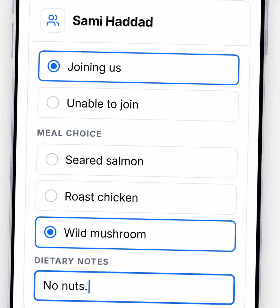 A household reply on a phone: Sami Haddad is joining, chooses the wild mushroom and notes “No nuts.”
